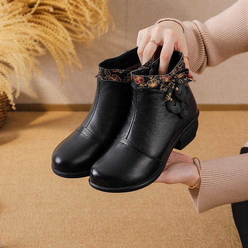 Johnature Genuine Leather Shoes Retro Ethnic Style Thick Heel Versatile Women's Short Boots