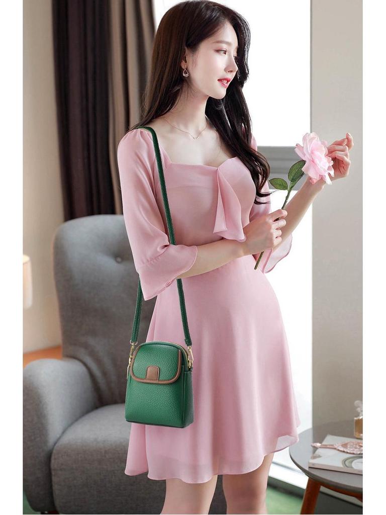 2025 Summer Korean Style Lychee Color Block Phone Crossbody Bag