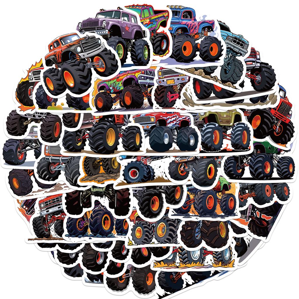 50Pcs Cartoon Monster Truck Stickers Cute Vinyl Decals For Luggage Laptop Water Bottle Guitar Phone Waterproof Graffiti