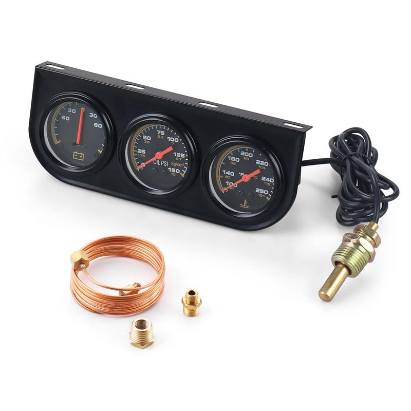 Black 3 in1 Water Temp Gauge 52MM Oil Pressure Gauge AMP Volt Meter 12V Kit Car Mechanical Triple Gauge With Sensor