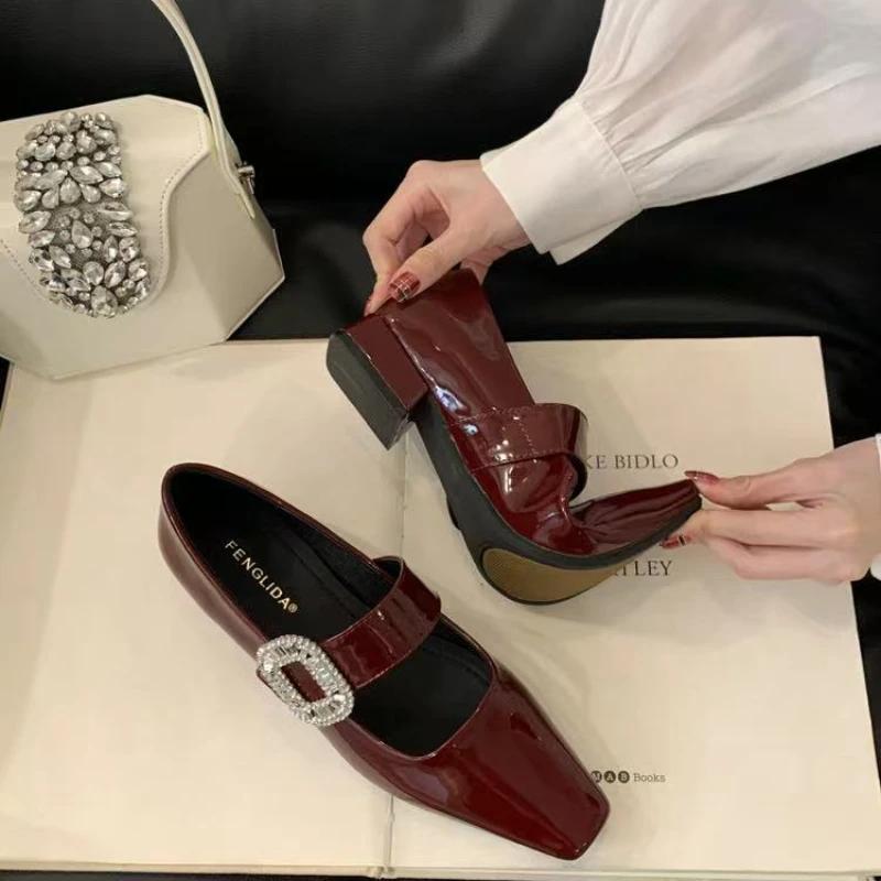 Square with Square Head Rhinestone Shallow Waterproof Platform Fashion All Comfortable Non-slip Breathable Women's Single Shoes