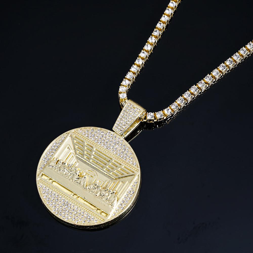Men's Hip Hop Last Supper Pendant Necklace with 14mm Rhinestone Cuban Chain