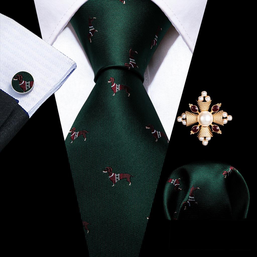 Pearl Brooch with Silk Tie for Men Vintage Floral Teal Necktie Hanky Cufflinks Gift Formal Set