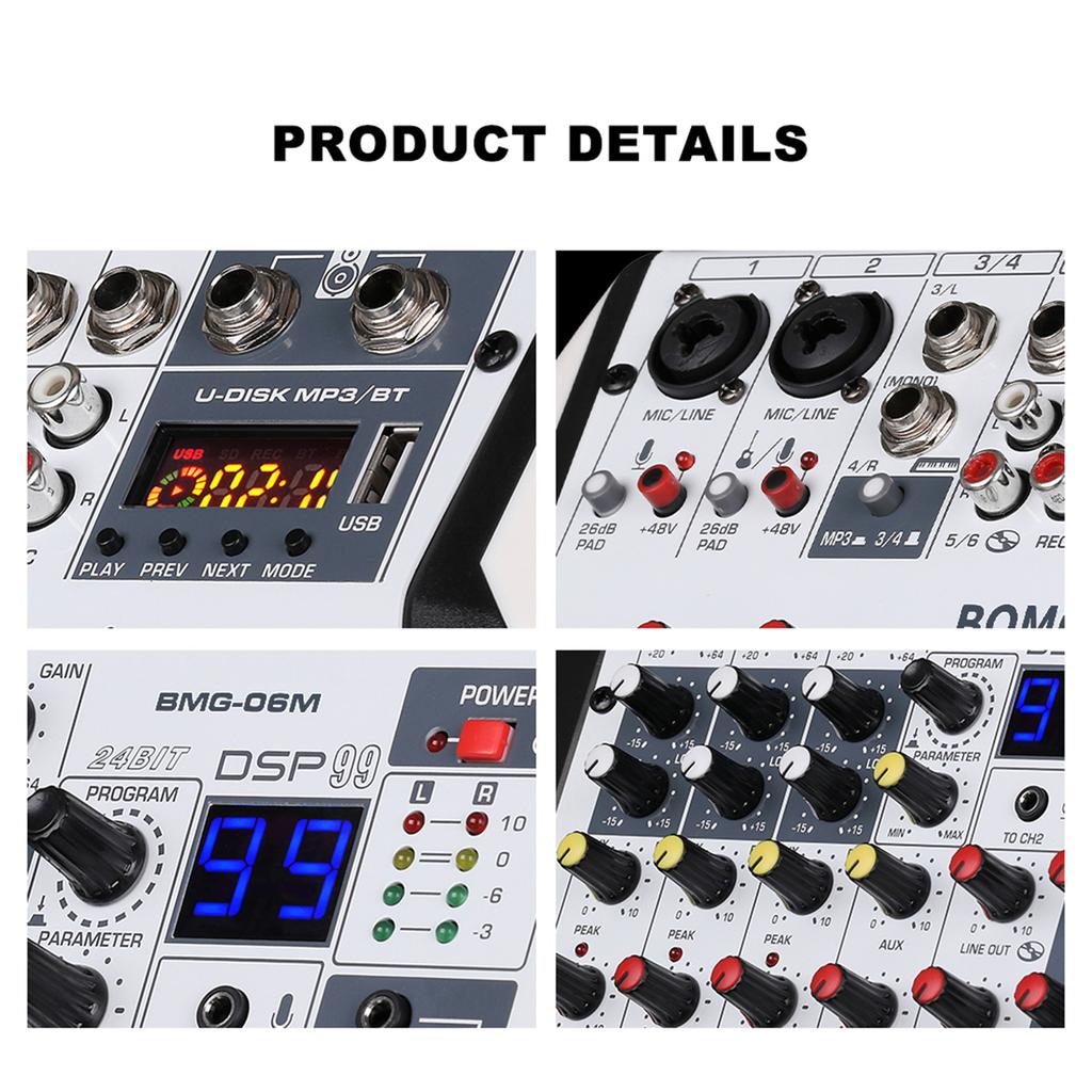 BOMGE 6 Channel DJ Audio Sound Mixer Professional Soundboard Stereo Recording MP3 USB BT Input 48V Phantom Power 99 DSP