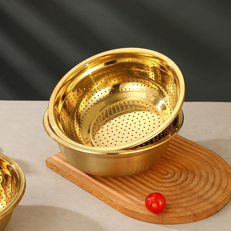 2Pcs/Set Rice Sieve Strainer Stainless Steel Golden Drain Basket Multifunctional Egg Flour Mixing Bowl Kitchen Fruit Soup Basin