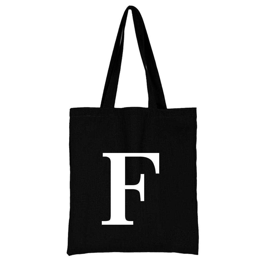 Women's Black Shopping Bag Casual Large-capacity White Letters Initial Name Pattern Printing Series Canvas Shoulder Bag Reusable