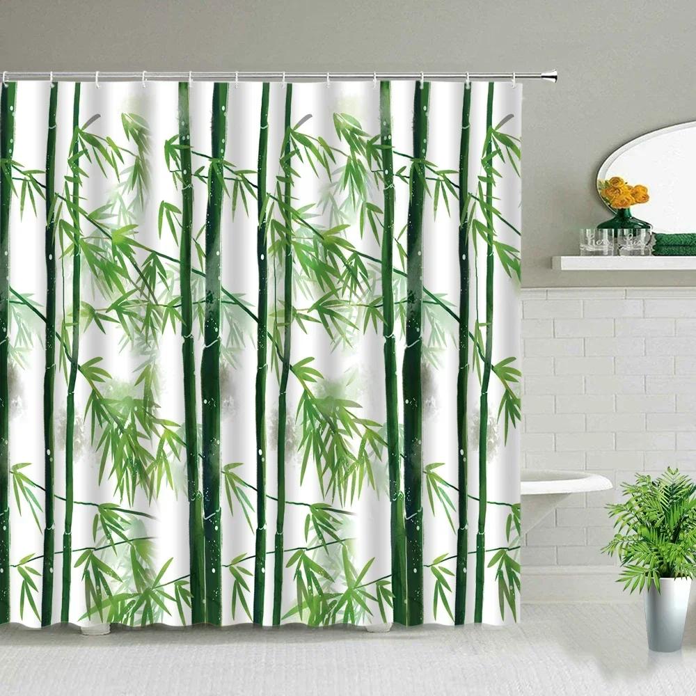 Chinese Style Ink painting Bamboo Landscape Shower Curtain Flower Bird Scenery Bathroom Waterproof Cloth Bath Curtains With Hook
