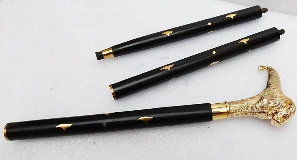 Masivní mosazná rukojeť ve tvaru lví hlavy dřevěná vycházková hůl vintage designová ručně vyráběná