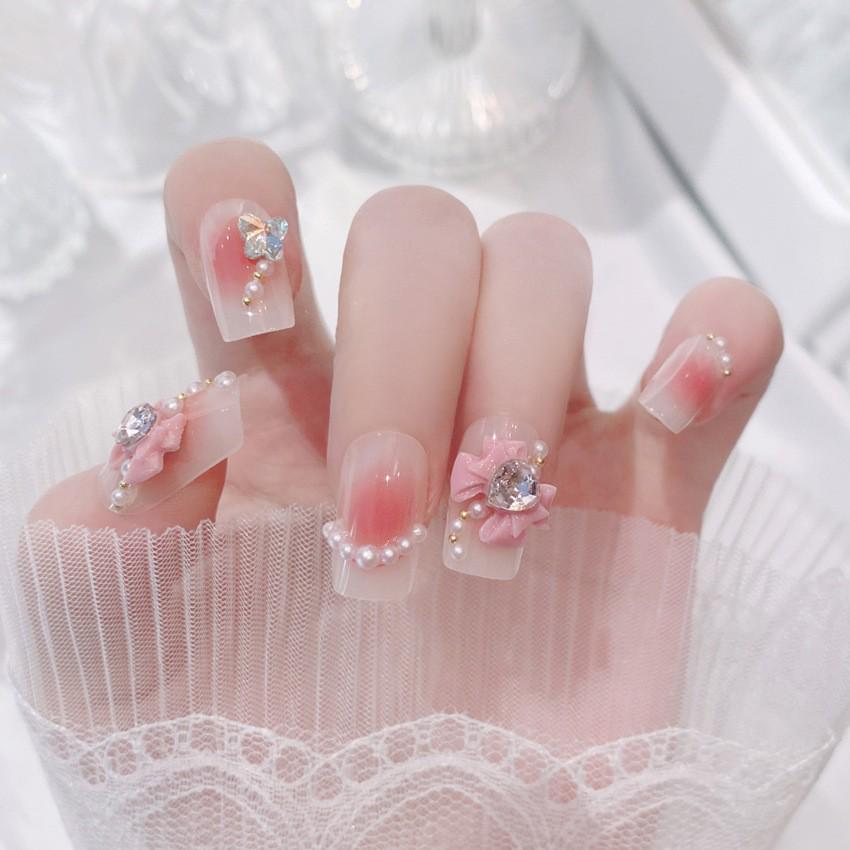 Pink Blush Sweetheart Handmade Wearable Medium-Length European Style False Nails N5140 [Glue Type]