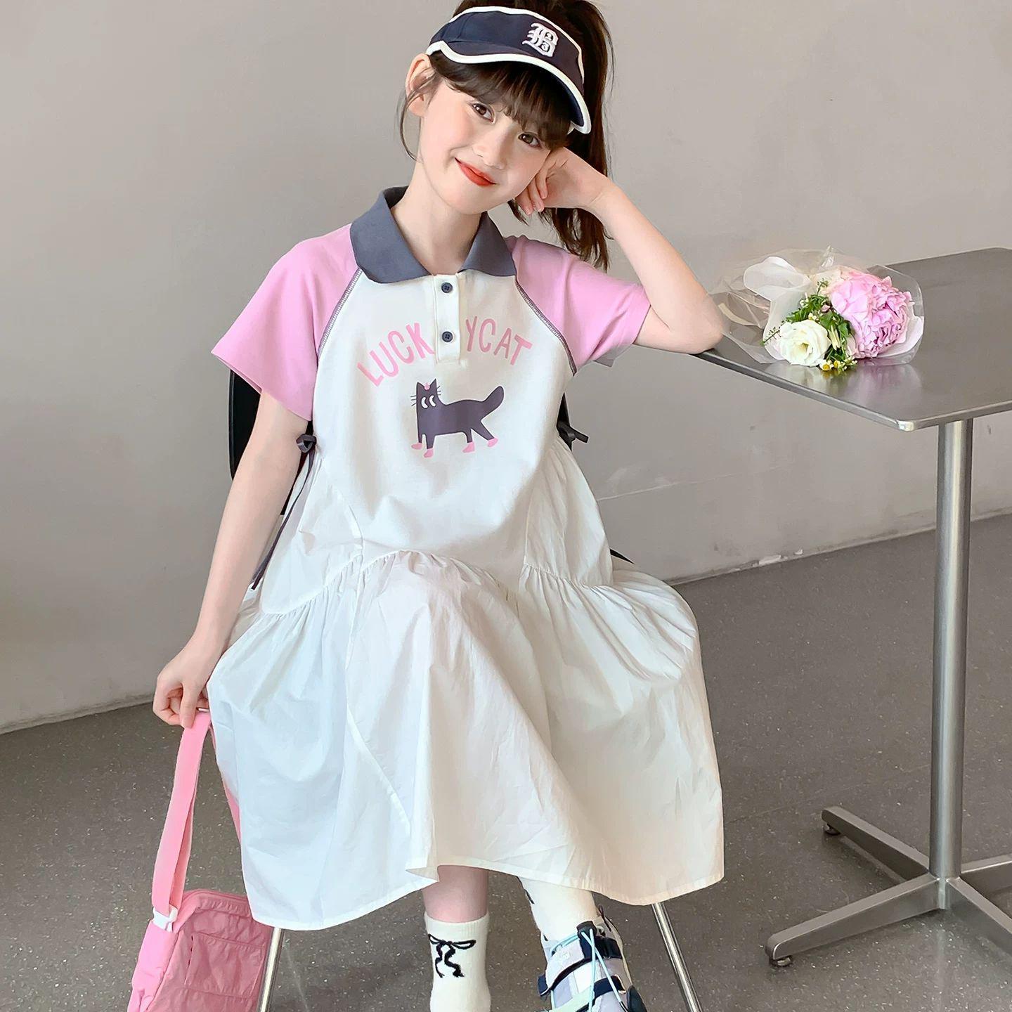 2026 Girls Color Block Polo Summer Dress - Casual Sport Short Sleeve Princess Style Size 150 (Suggested height ~140cm)