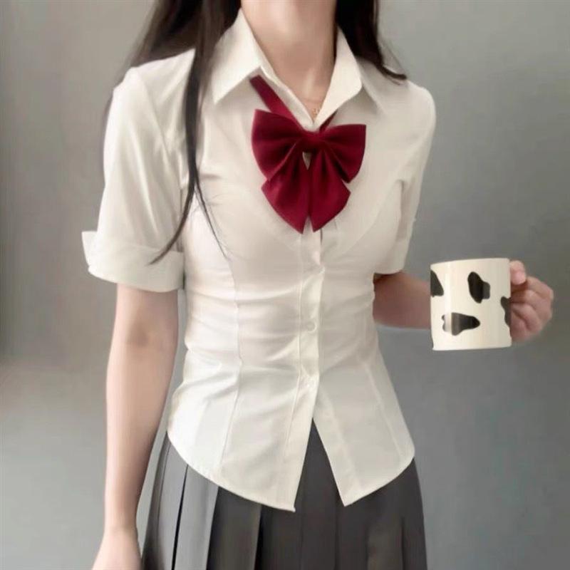 Women's Slim-Fit Waist-Cinching Academic Style White Shirt - Long/Short Sleeves, Ideal for Autumn/Winter