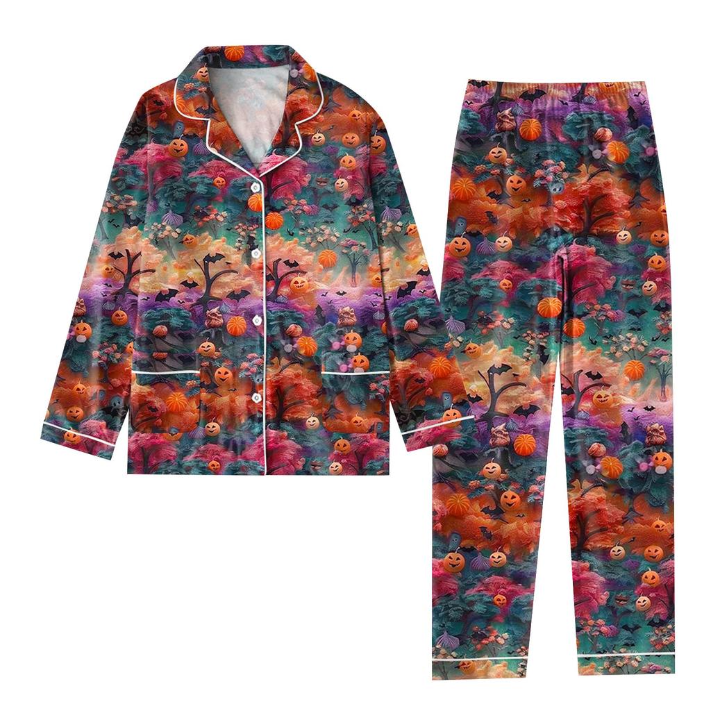 2-teiliger bedruckter Damen-Anzug, langärmelig, Oberteil mit Knopfleiste, weite Hosen, Anzug-Set, Schlafanzug, Home-Casual-Anzug