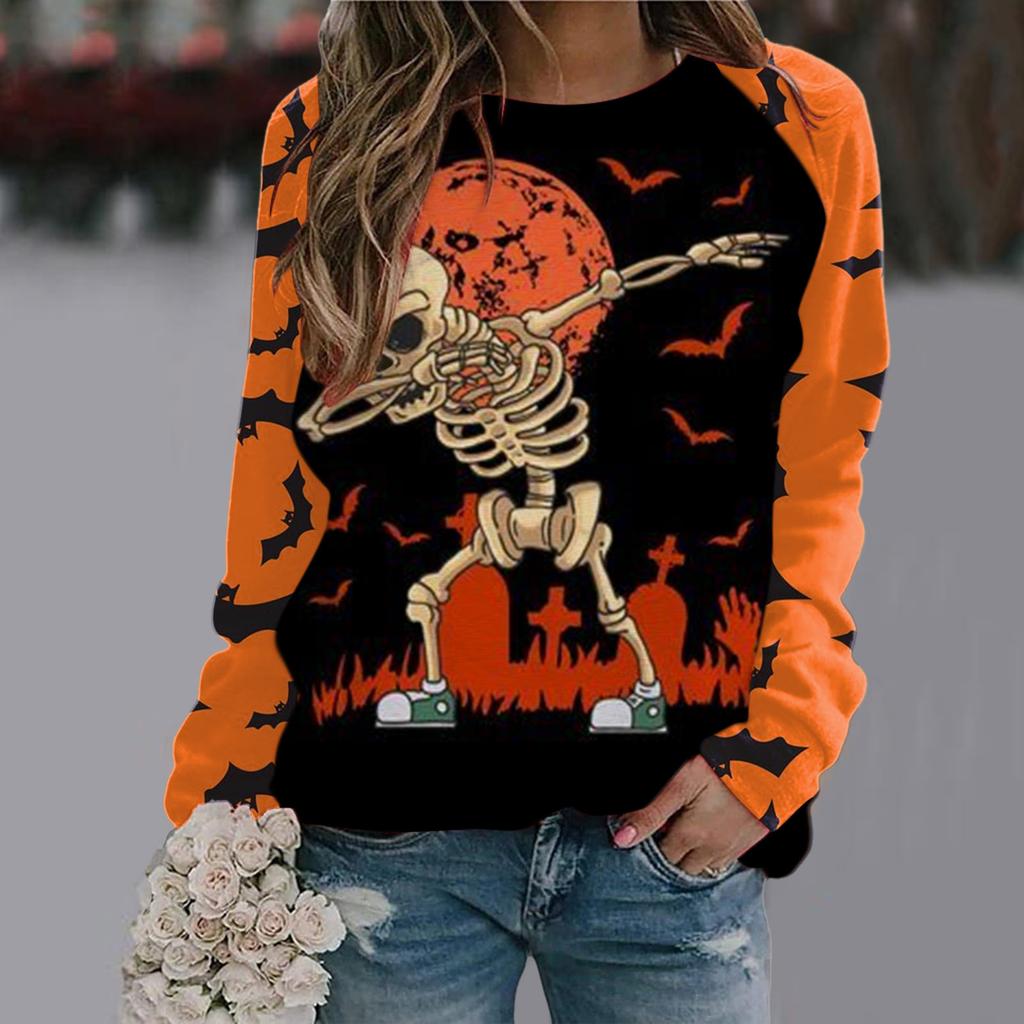 Spring and Autumn Round Neck Halloween 3D Printed Top Fashionable Casual Long Sleeved Women's T-shirts