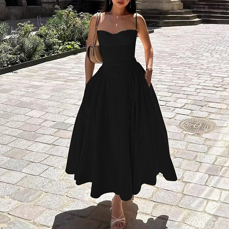 European And American Summer Ladies Long Skirt French Elegant Style Suspenders Solid Color Casual Dress Dating Party Vacation Style