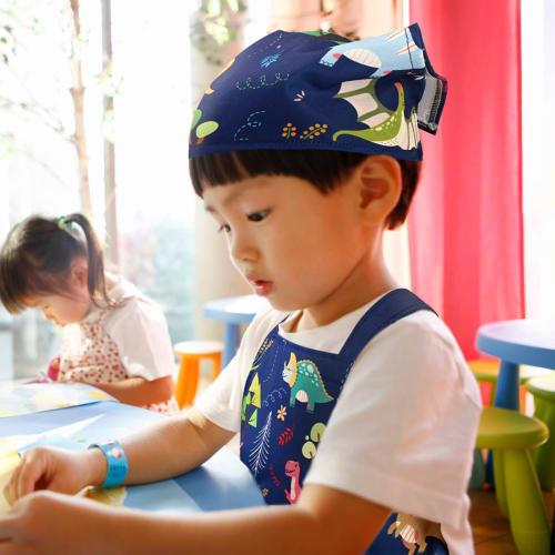 Athbavib Kids' Dinosaur Apron, Navy, with Triangle Scarf and Pockets, Easy to Put on and Take Off, Kids' Apron, Back Cross Apron, Adjustable, 50*60cm,