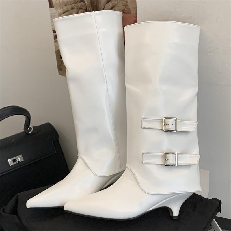 

Eilyken Autumn Winter Designer Buckle Strap Pointed Toe Women Knee High Boots Buckle Strap Thin Low Heels Comfortable Botas 35 білий