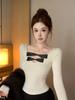 Women's Slim-Fit Off-White V-Neck Long-Sleeve Bow Top: Winter Waist-Cinched Base Layer