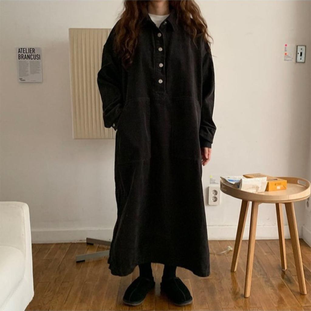 LYRIA Long Dress Women Dresses Turn Down Collar Corduroy A Line Vestidos Maxi Mom Jeans Streetwear Casual Loose Y2k Dress