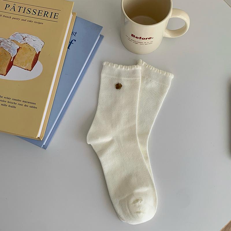 Women's Mid-Calf Lace Cotton Socks - Little Flower Shell Button, Boneless, Versatile Korean Style for Autumn and Winter