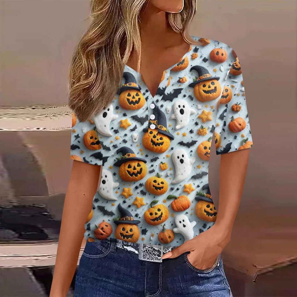 Damen T-Shirt Halloween Bedruckt Knopf Kurzarm Tunika Täglich Wochenende Mode Basic V-Ausschnitt Reguläres Oberteil