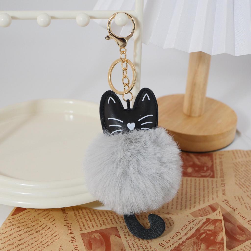 Adorable Black Cat Keychain with Faux Fur Ball Pendant