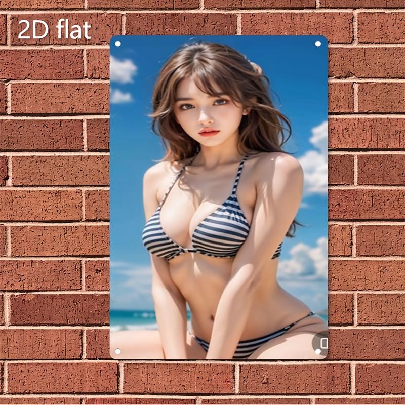 Vintage Metal Wall Art Sign - Beach Woman Face & Sun Poster - Rustic Iron Wall Decor 20x30cm