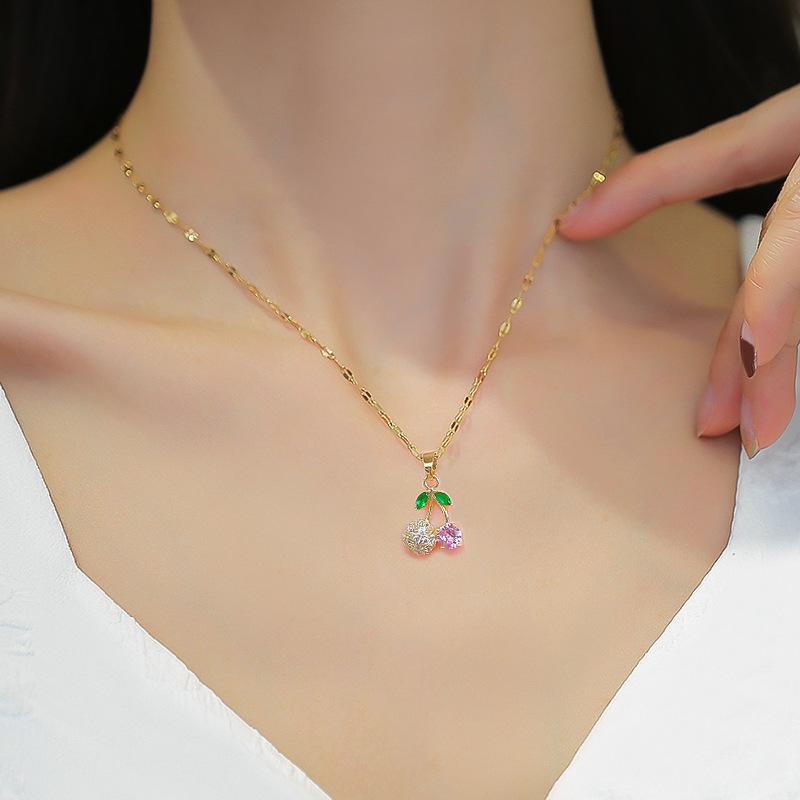 Titanium Steel Micro-Inlaid Gold Plated Women's Lucky Bead Necklace - Trendy Clavicle Chain Accessory