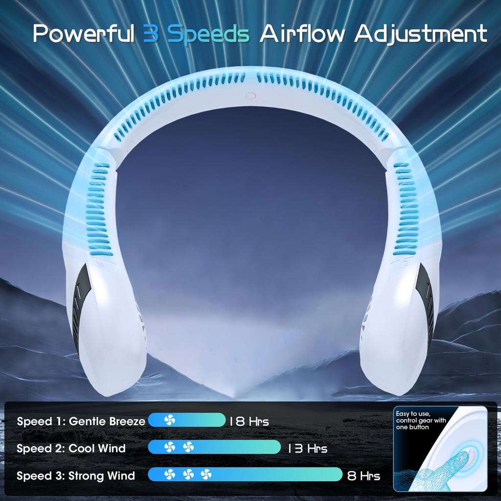 OLV Neck Fan 5000mAh Rechargeable Battery Portable Fan 360° Bladeless Cooling 3 Speeds Powerful Airflow Personal Foldable Neck Fan Gifts for Men