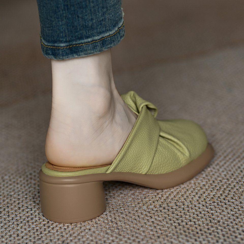 Cool slippers women's 2025 summer wear soft French niche muffin thick bottom half drag middle heel bag head drag round and round head