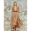 Abito Lungo Estivo Elegante Bohemien da Donna con Scollo a Revers, Maniche Lunghe, Vita Media, Monocolore, Linea ad A