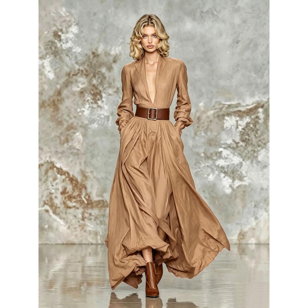Abito Lungo Estivo Elegante Bohemien da Donna con Scollo a Revers, Maniche Lunghe, Vita Media, Monocolore, Linea ad A