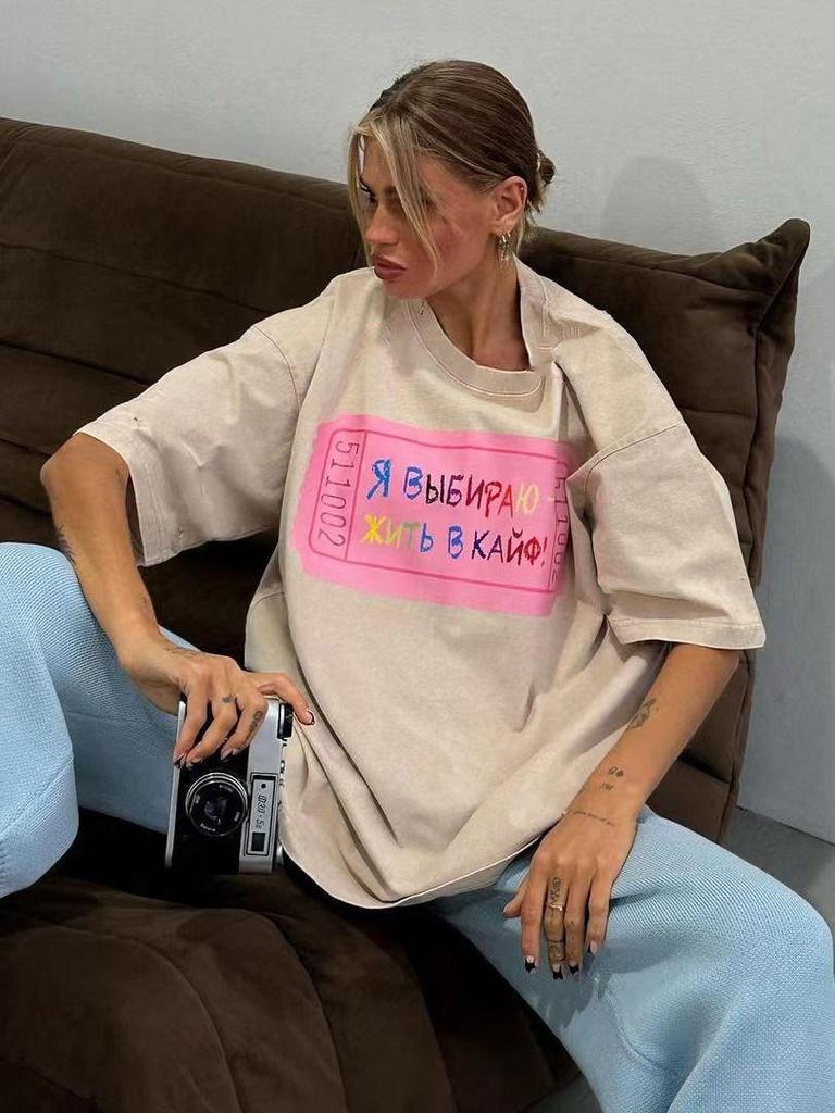 Women's Korean Retro Cotton Loose Short-Sleeve T-Shirt with Letter Print - Casual Versatile Style