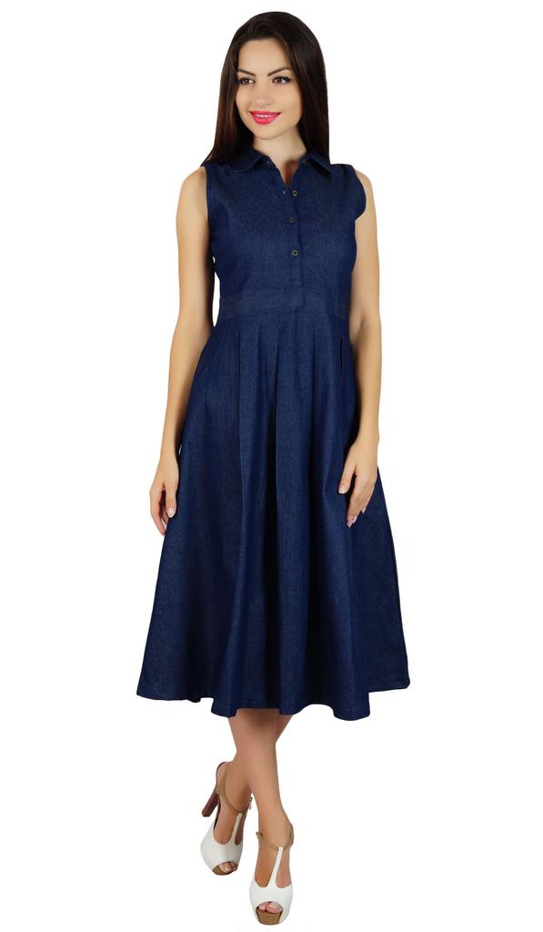 Bimba Womens Pleated A-line Dress With Pockets Casual Denim Shift Shirt