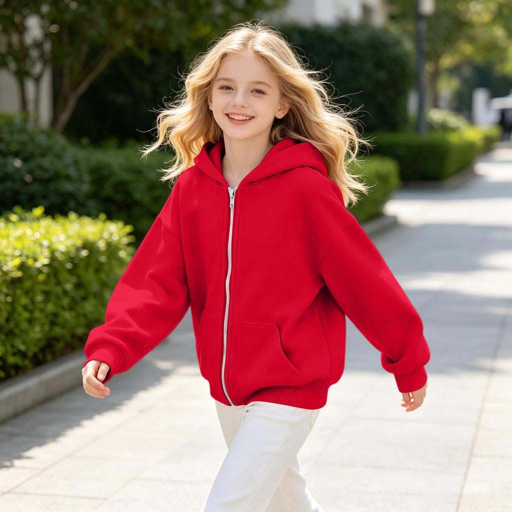 Big Girls' Fashion Color Long Sleeve Hooded Pullover Sweatshirt with Zipper