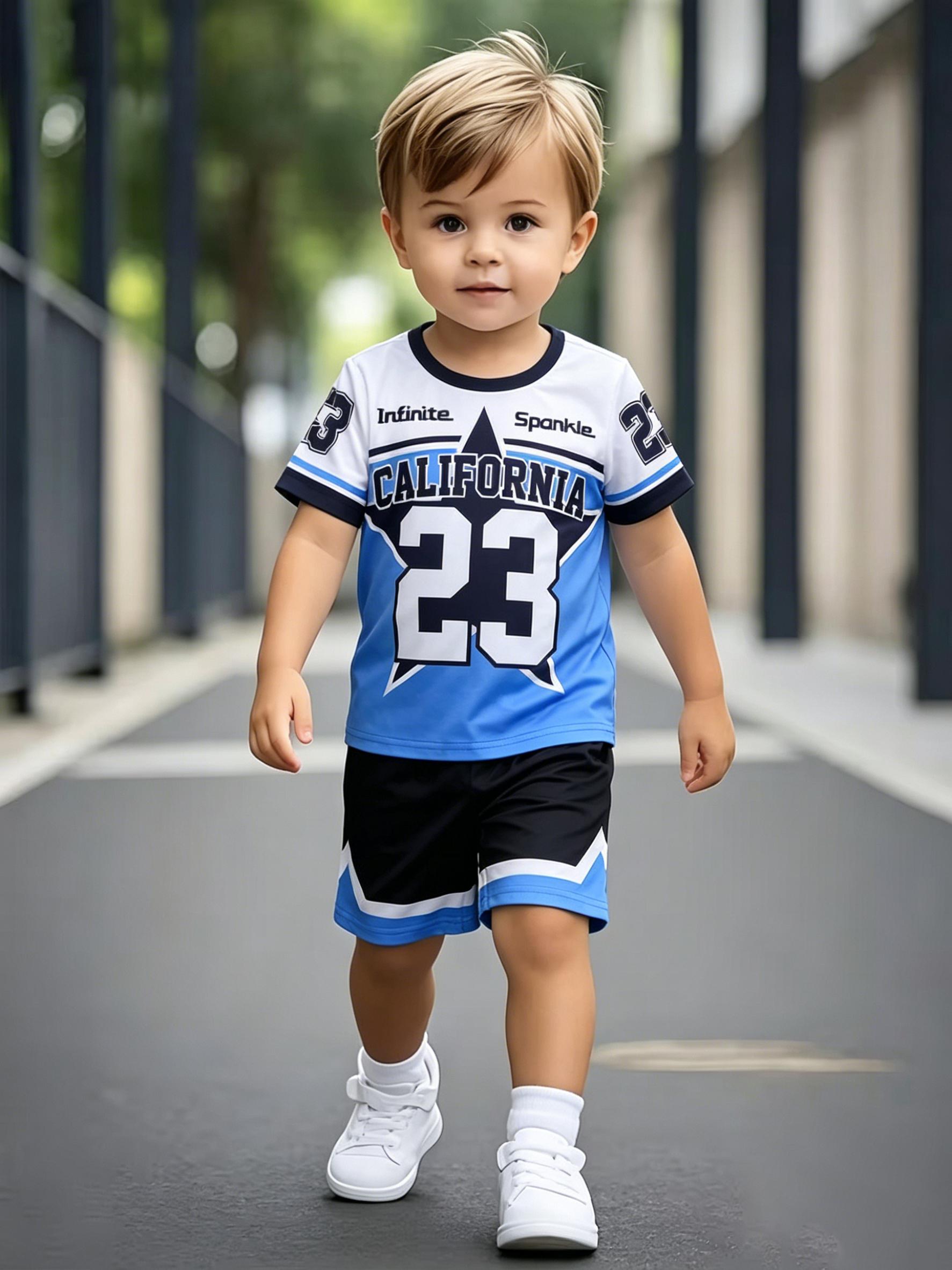 

Toddler Boys Cool 23 Star Print 2-Piece Outfit, Summer Blue & Black Sporty Clothes for Kids, Perfect for Playwear & Outdoor 1-2Y синий