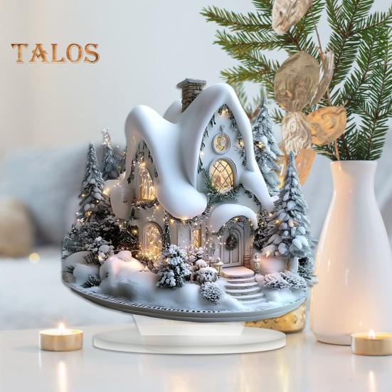 Christmas Acrylic Desktop Ornament Flat Snowy Cabin Ornament with Base Christmas Village Log Cabin Ornament for Holiday Table Decor