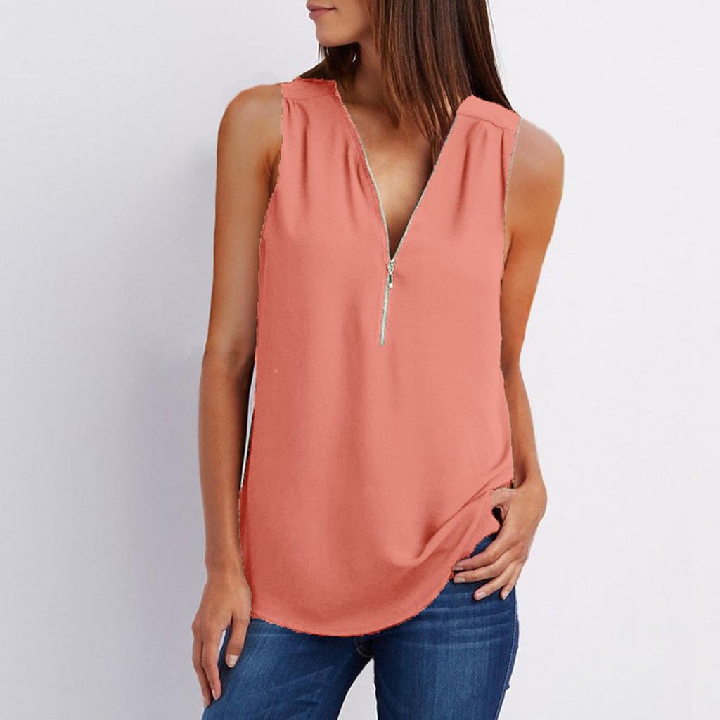 Women‘s Zipper V-Neck Sleeveless Casual Solid Tops  Blouse Loose Vest T-Shirts