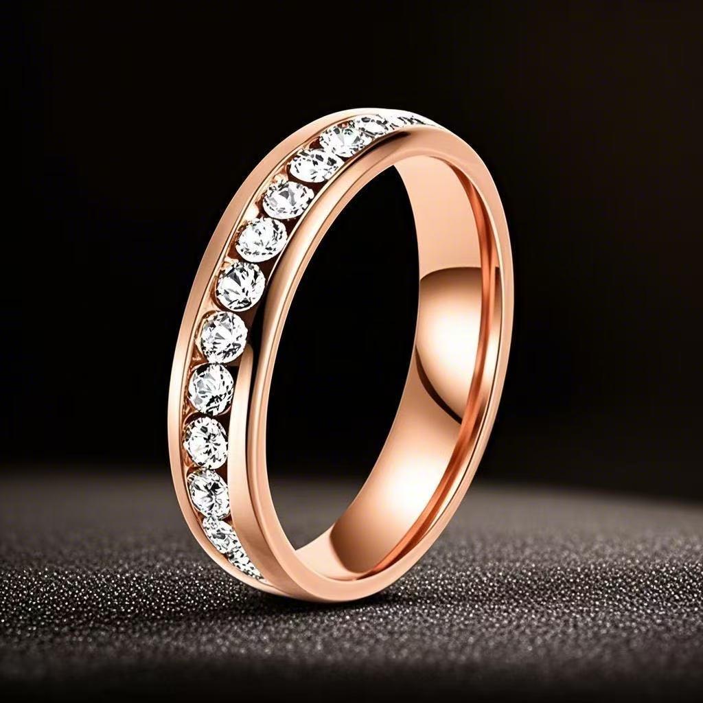 Stainless Steel Ring with Star-Inlaid Diamonds, Fade-Resistant, Titanium Finish