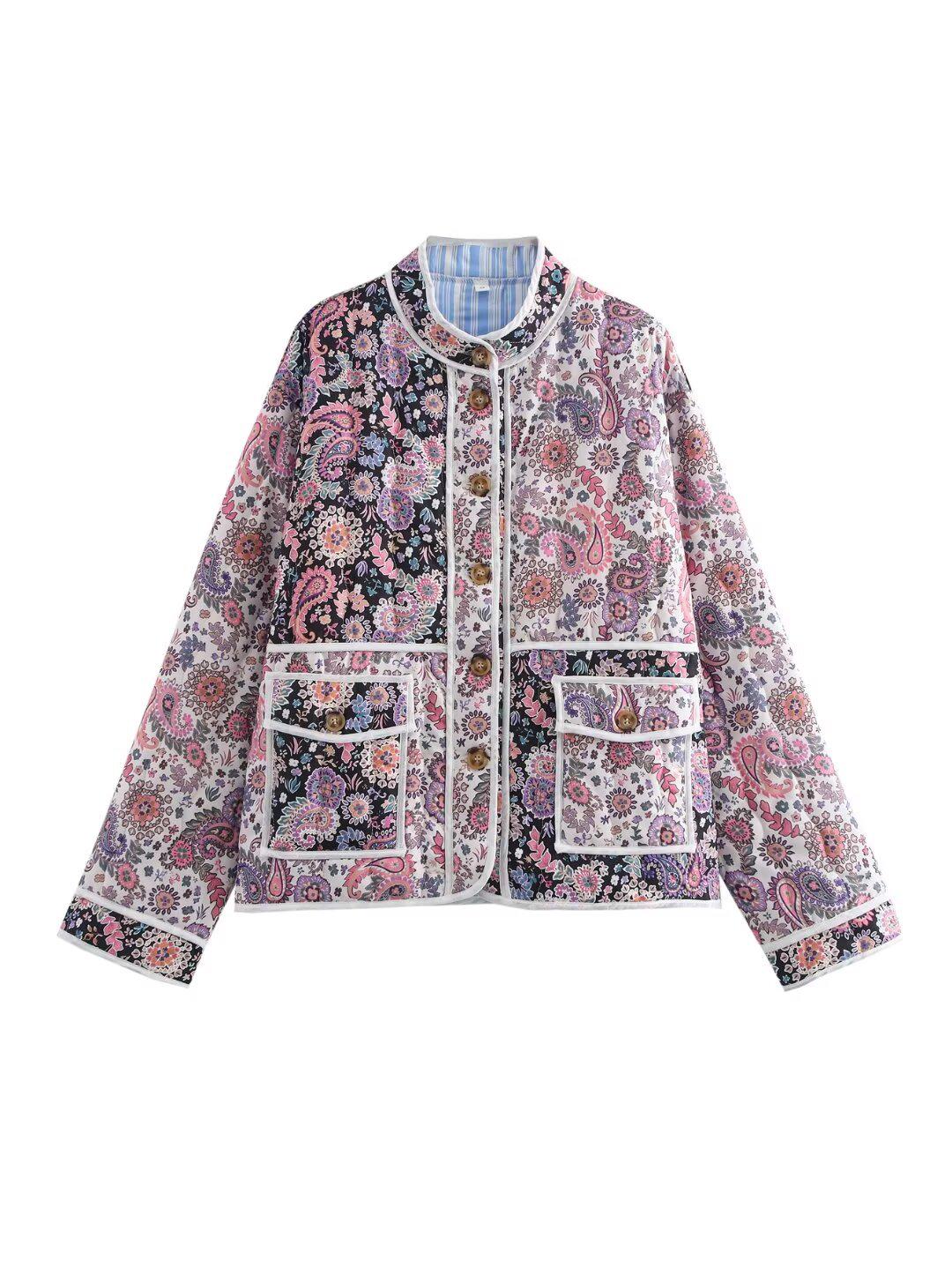 

2024 Autumn/Winter French Sweet Style Floral Cotton-Padded Jacket - Loose Fit, Long Sleeve, Single-Breasted, Color Block Design Small