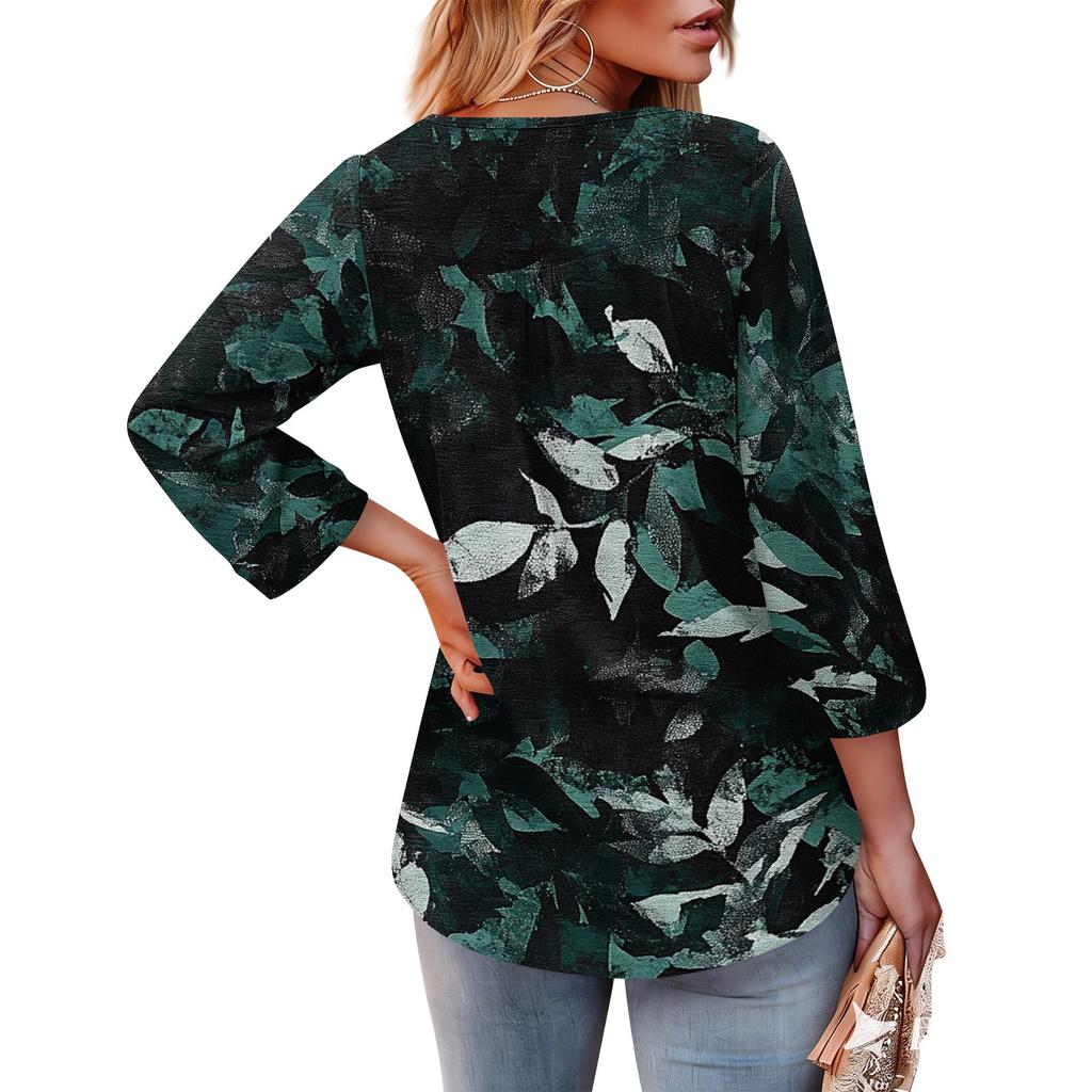Womens V Neck Three Quarter Sleeve Floral Print Casual Loose Fit Top Comfortable Lightweight Blouse for Daily Wear Office and Travel