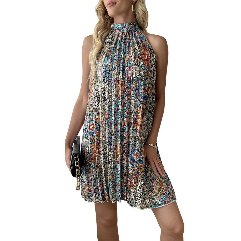 New Women's Pleated Bohemian Style Pullover Sleeveless Neck Temperament Beach Resort Dress