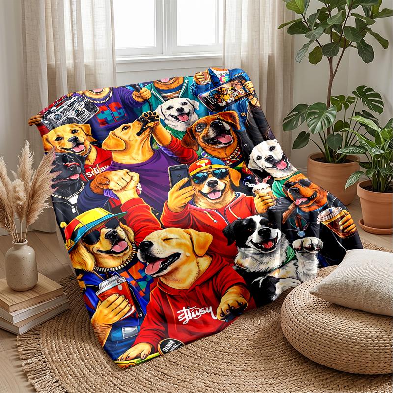 Happy Dogs Gathering Theme blanket Lightweight Warm Flannel Blanket Decorative Throw Blanket for Home Decoration