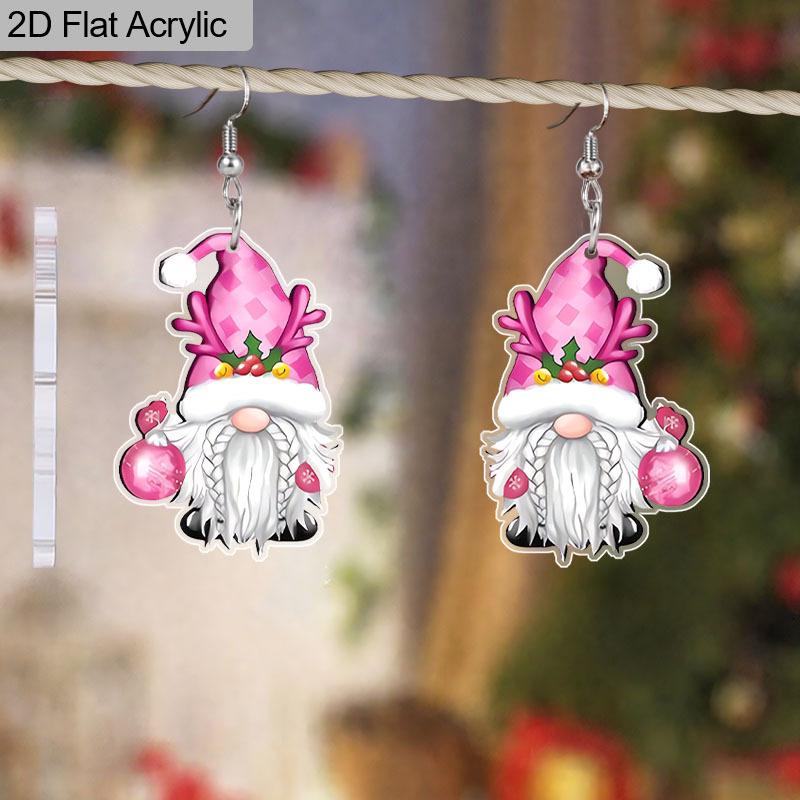 2D Flat Acrylic Cute Christmas Pink Gnome Dangle Earrings, Suitable As A Holiday Gift for Women, Holiday Party Decoration Jewelry.