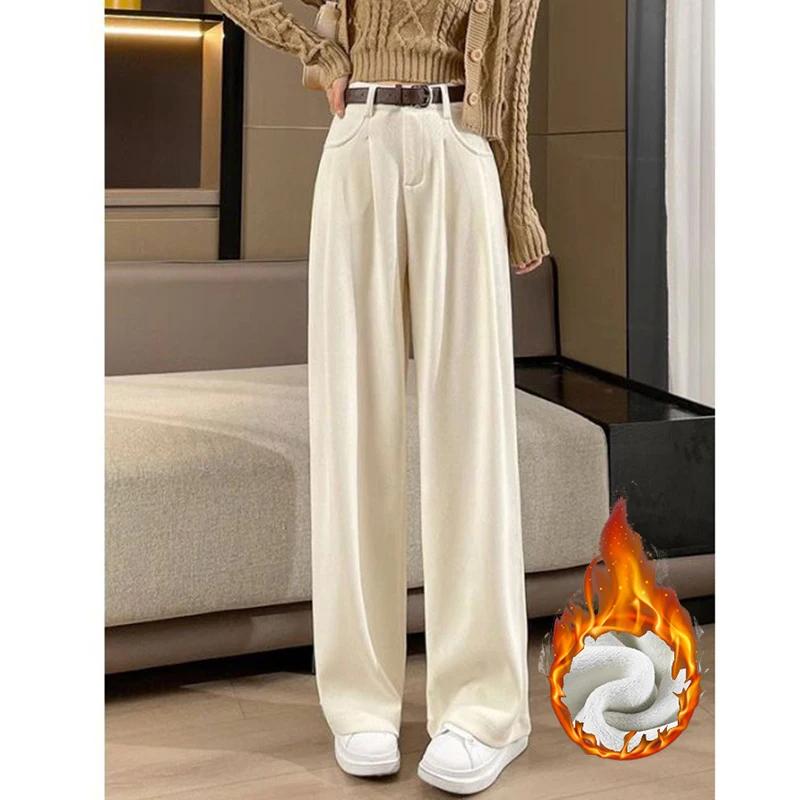 Autumn Winter Lady Snow Warm Pants Classic Fleece High Waist Trousers Women Straight Leg Plush Thermal Casual Pants