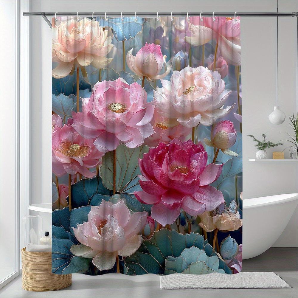 1pc Floral Shower Curtain Large for Lotus Pattern Bathroom Decoration Polyester Fabric with 12 Hooks 70. 8X70. 8 Inch