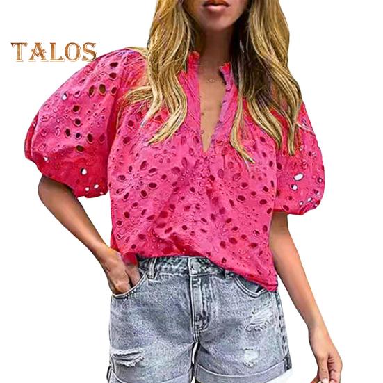 

Женская рубашка с воротником-стойкой и V-образным вырезом, коротким рукавом, ажурным вышитым цветочным узором, кружевная блузка, повседневные нарядные топы S розы красного