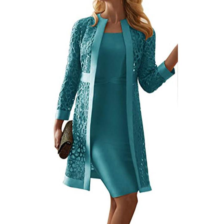 2025 Women's Color Lace Cardigan Dress Set - Two Coats Included
