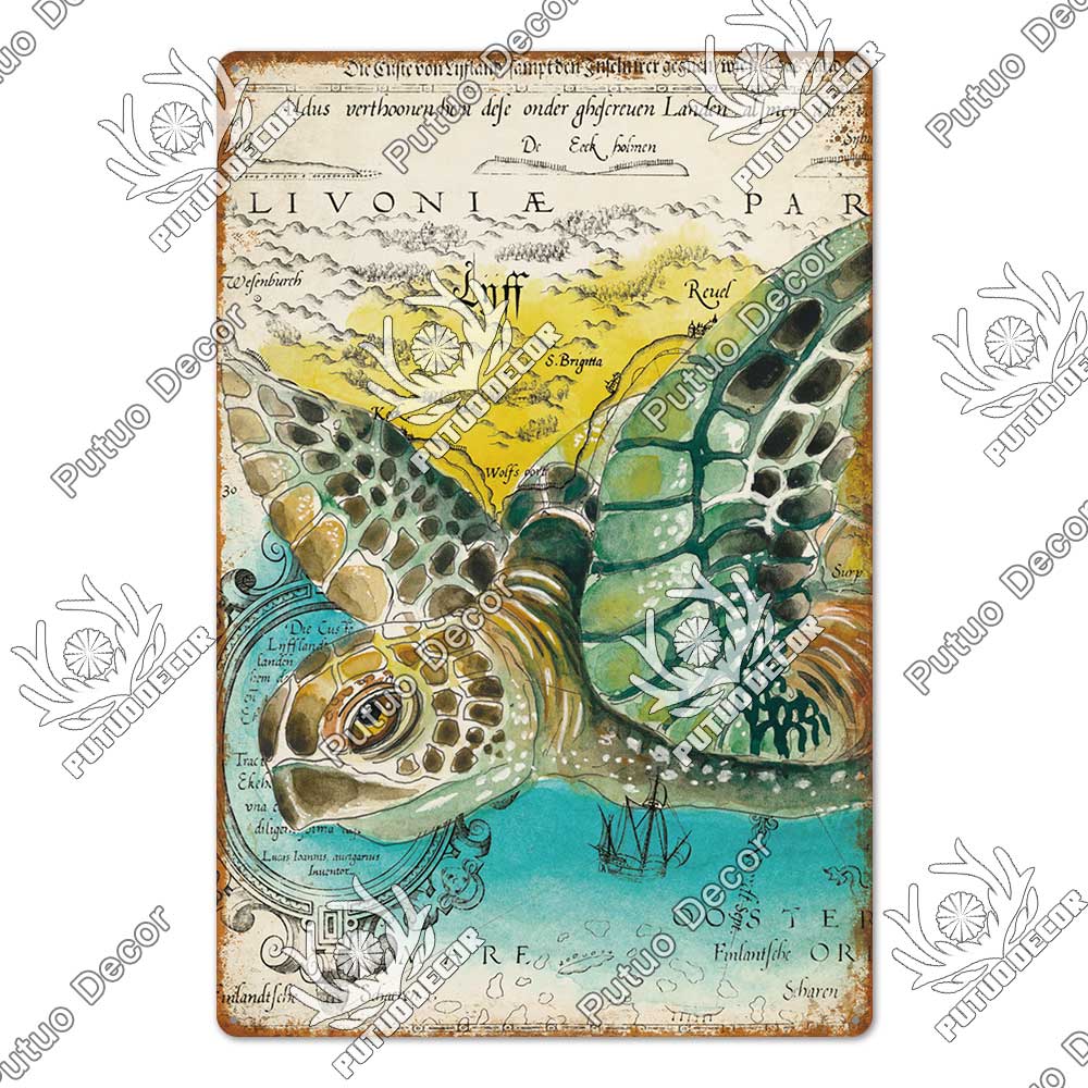 Decor Marine Animals Tin Sign Vintage Plaque Metal Wall Retro Posters for Beach Bar House Decorative Art Iron Painting