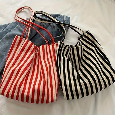 Bolsa Tote Listrada Vintage Feminina Grande Capacidade Top Aberto Sem Forro Bolsa de Ombro para Campus, Viagem, Praia e Compras Durável Casual Chic Design Listrado