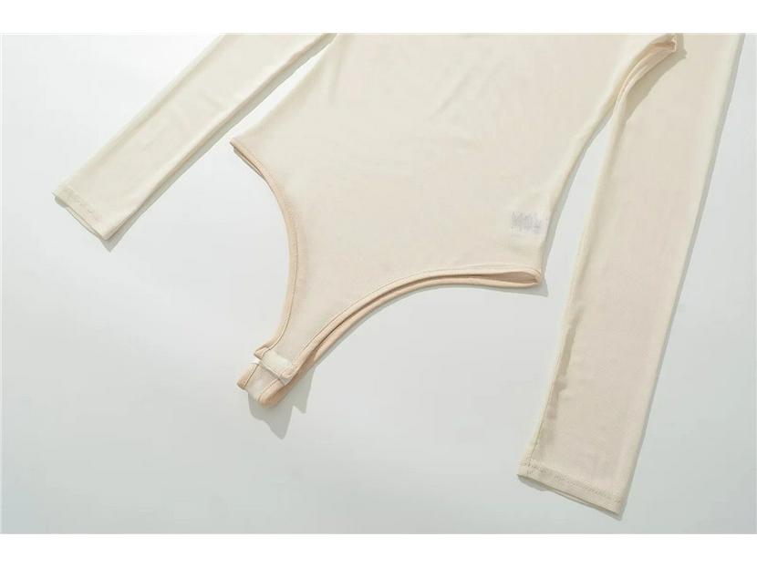 2024 Summer Mesh See-Through Round Neck Long Sleeve Bodysuit